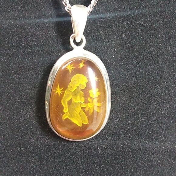 Vintage Carved Amber Sterling Silver Pendant and Chain Cottagecore - Picture 1 of 12
